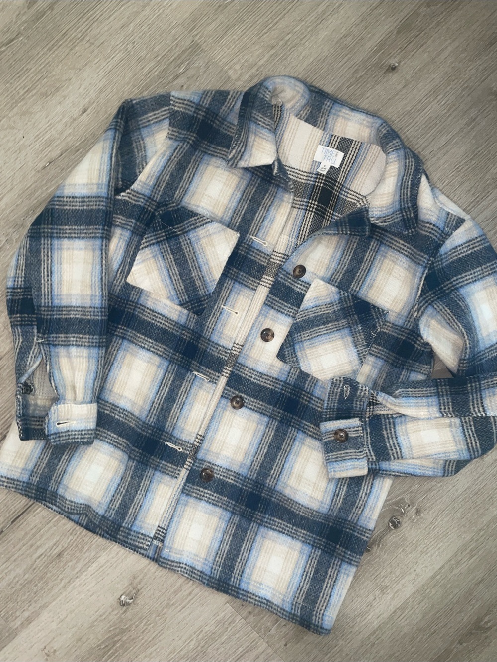 Time and Tru Blue & Cream Plaid Button-Front Shirt Jacket | Women’s Small (4–6)